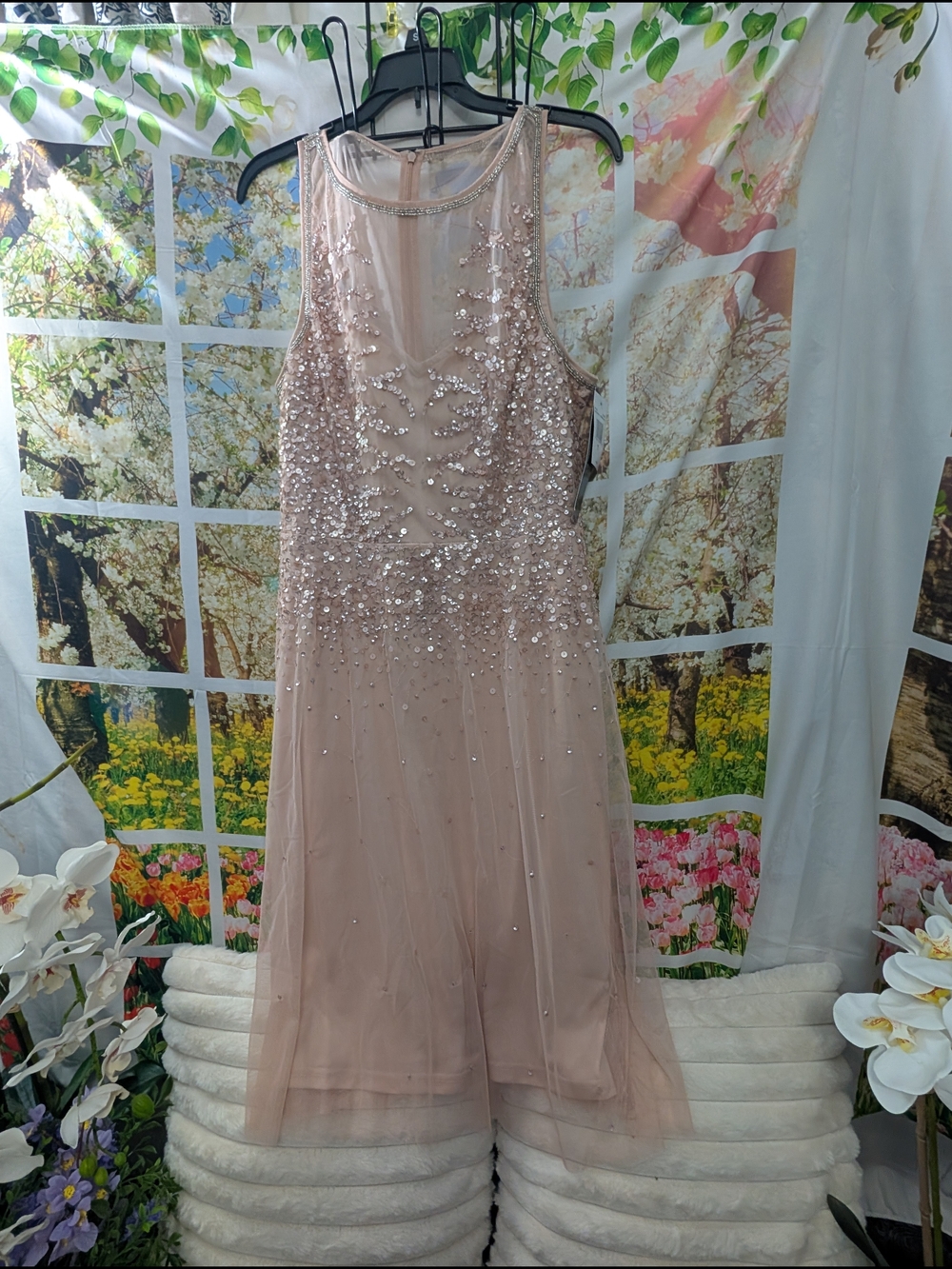 Papell Boutique Blush-Beaded Midi Dress